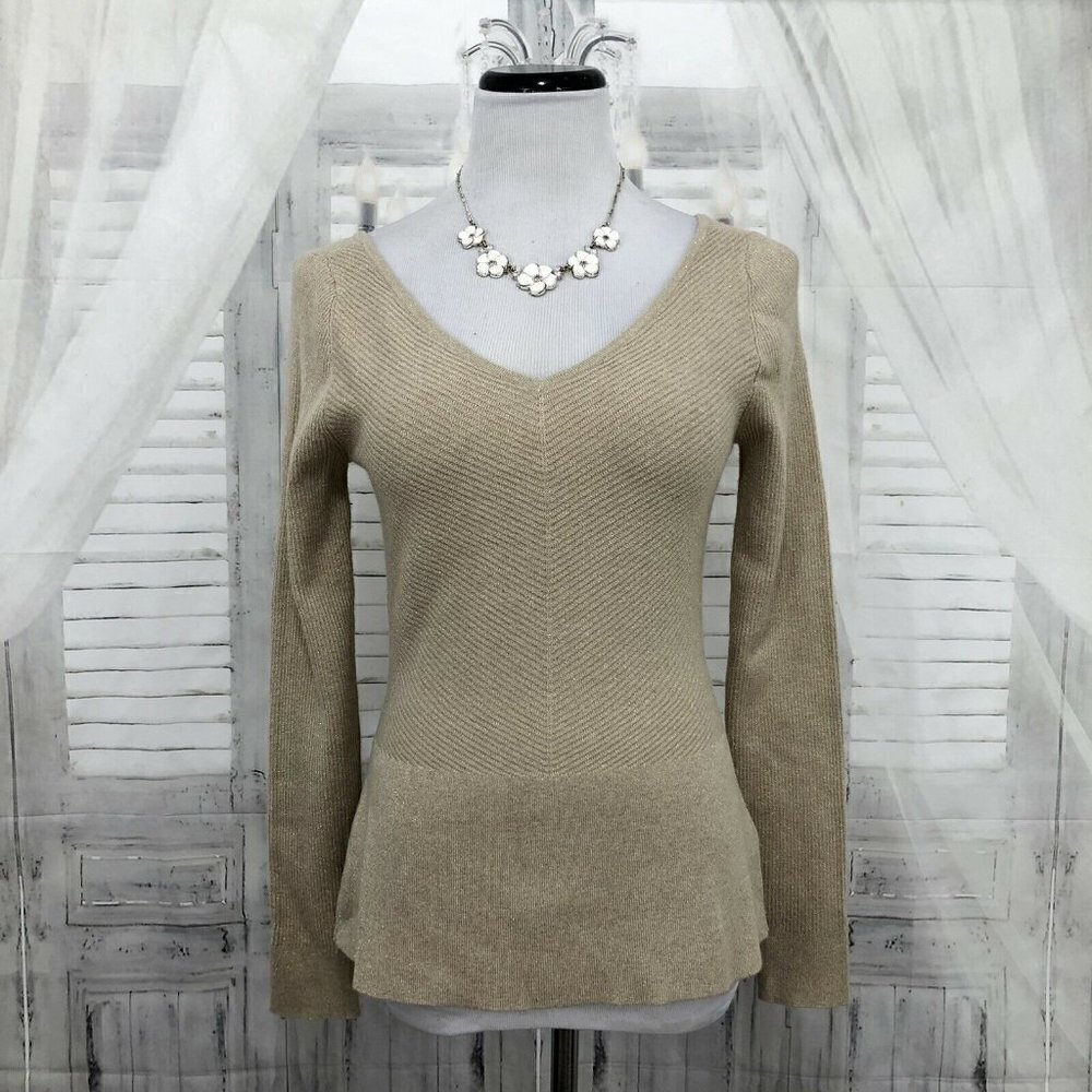 White House Black Market WHBM Small Beige Gold V Neck Peplum Sweater Knit Wool